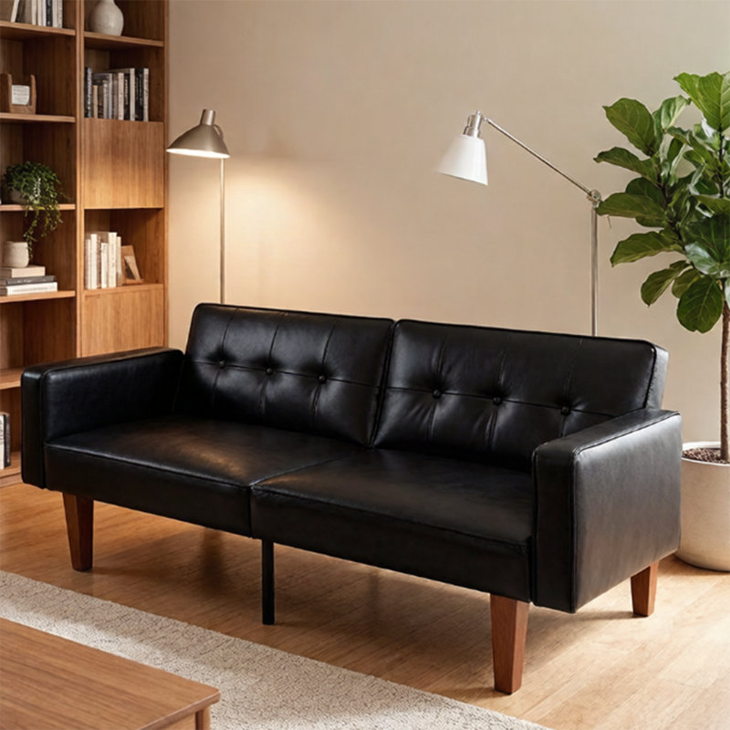 Canapé-lit convertible noir moderne, futon en cuir de polyuréthane à 2 places avec dossier réglable avec accoudoirs, canapé-lit pour le salon et le bureau personnel, canapé contemporain en similicuir