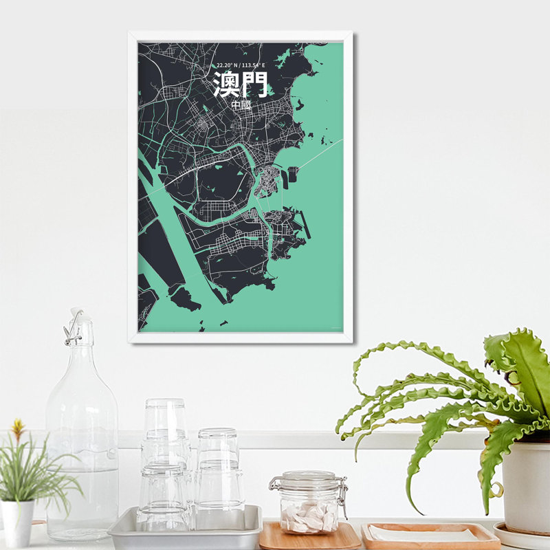 Macau (chinois traditionnel), impression de carte de la ville, Vert/gris, H 27,6 po x l 19,7 po