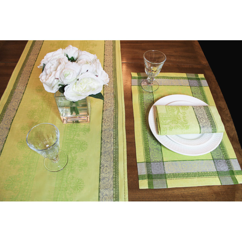 French Home Linen 20" x 68" Cleopatra Table Runner, Chartreuse/Green/Gray