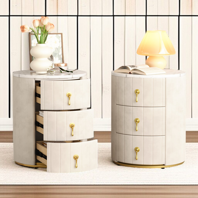 Table de chevet rembourrée à 3 tiroirs, Ensemble de 2, Beige