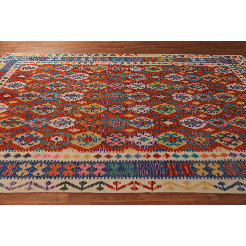 Tapis oriental géométrique en laine Kilim 8 x 12
