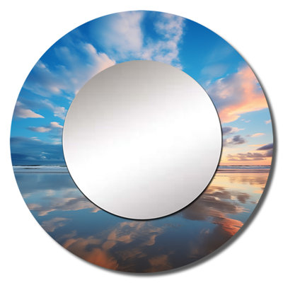 Beach Photo Seaside Minimalism II - Beach Decorative Wall Mirror, Blue Large Round Mirror, Printed Metal Art