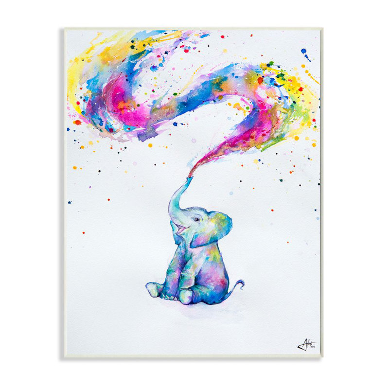 Éléphant coloré coloré, peinture à l'aquarelle sur bois par Marc Allante, H 15 po x l 10 po x P 0,5 po, Plaque murale