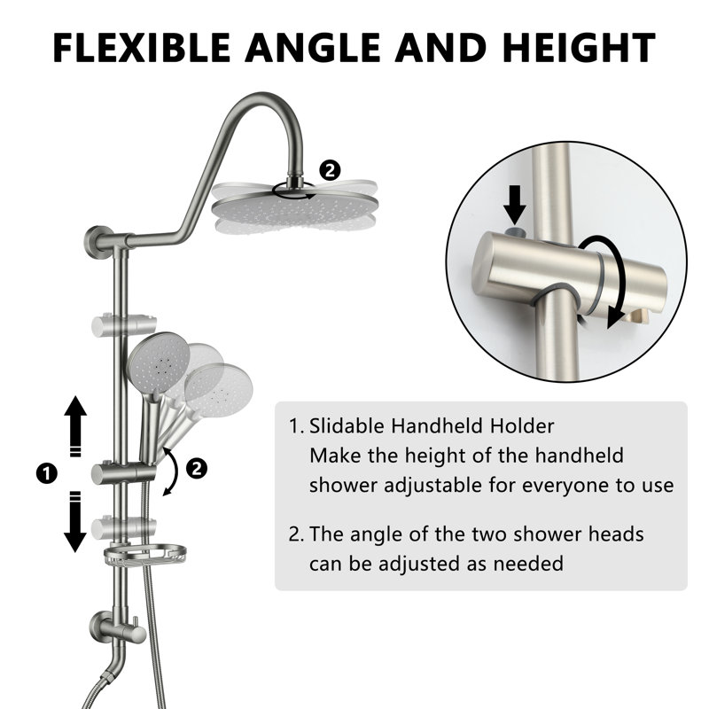 Brushed Nickel Dual Head Wall Mounted Rain Shower System
