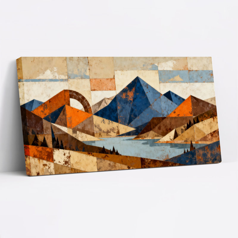 Ensemble de 1 tableau sur toile tendue représentant un paysage de montagne géométrique, H 24 po x l 48 po