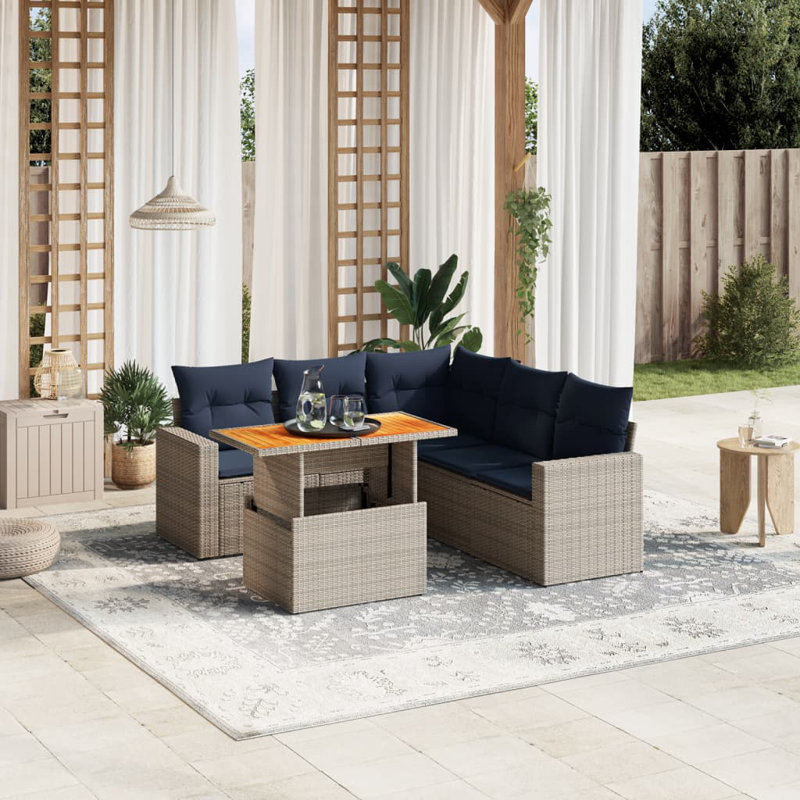 Ensemble de canapé de patio 6 pièces avec coussins en rotin de polyester, Gris, Marine