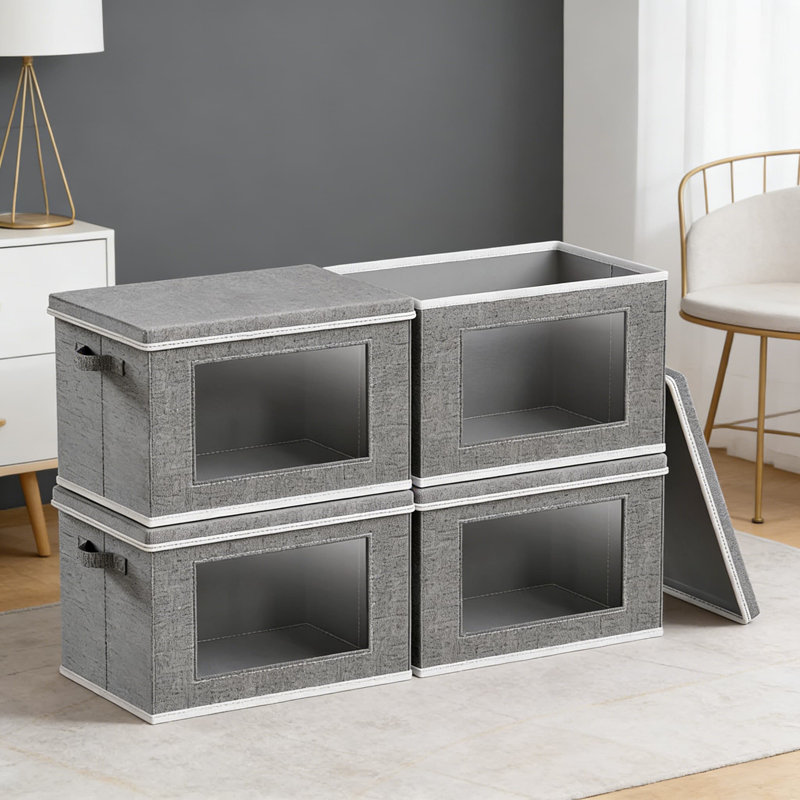 Bacs de rangement pliables en tissu avec couvercles et fenêtre transparente - grandes boîtes de rangement empilables avec poignées pour placard, tablette et rangement