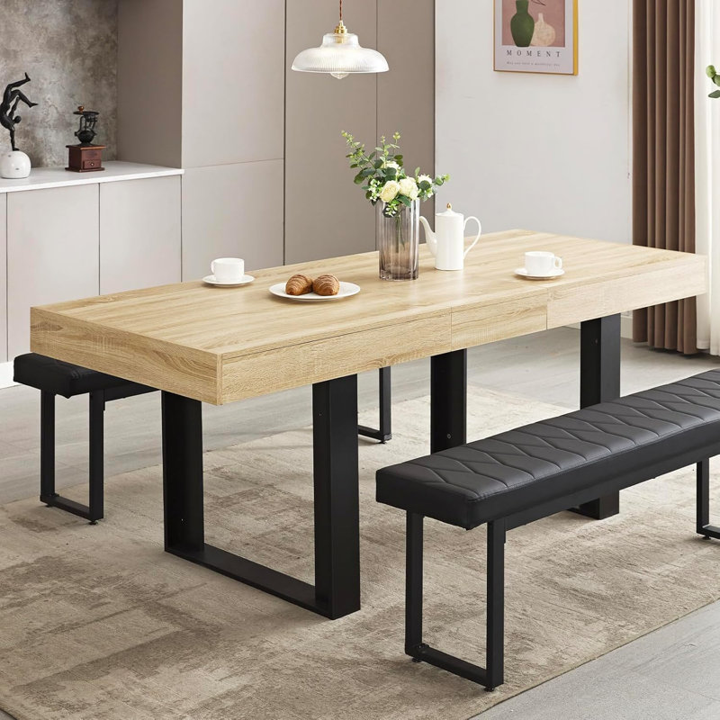Rectangular Extendable Dining Table, Oak Wood, Black