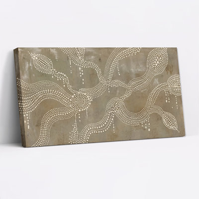 Tableau abstrait à pois blancs sur toile texturée taupe