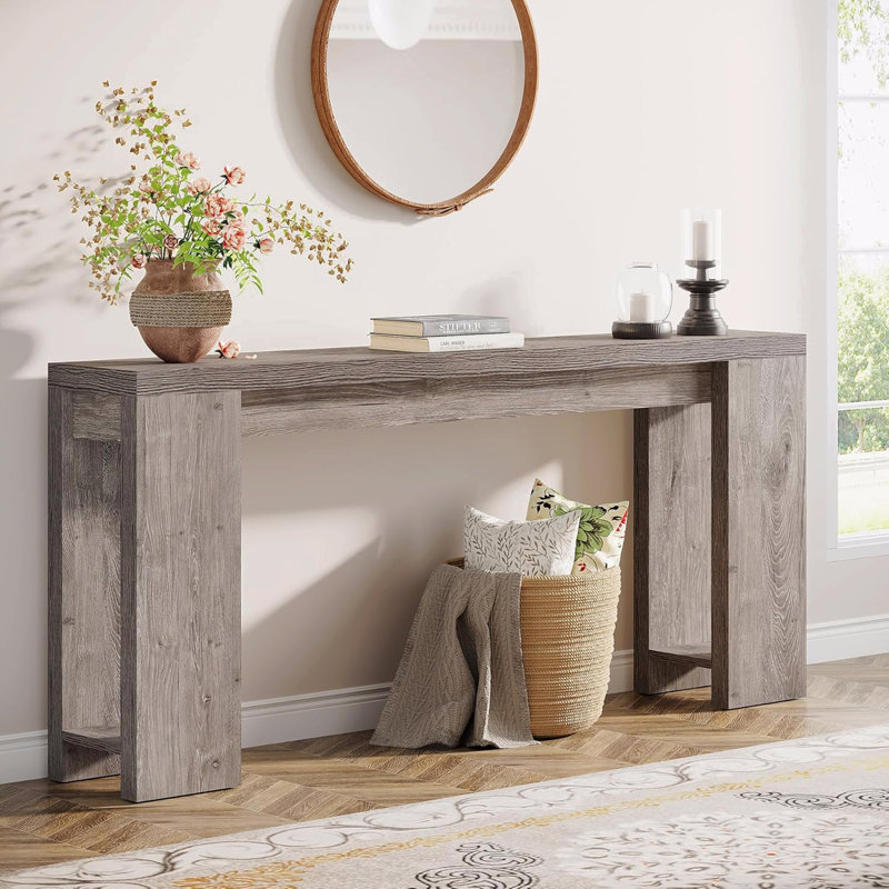70.9" Narrow Wood Farmhouse Console Table, Gray Ash