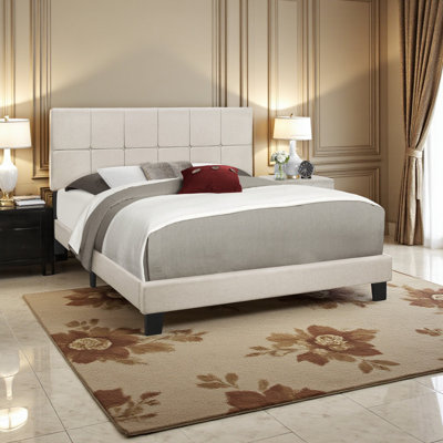 Grand lit tapissier transitionnel Truitt en lin beige, H 44,77 po x l 64,8 po x L 85,12 po