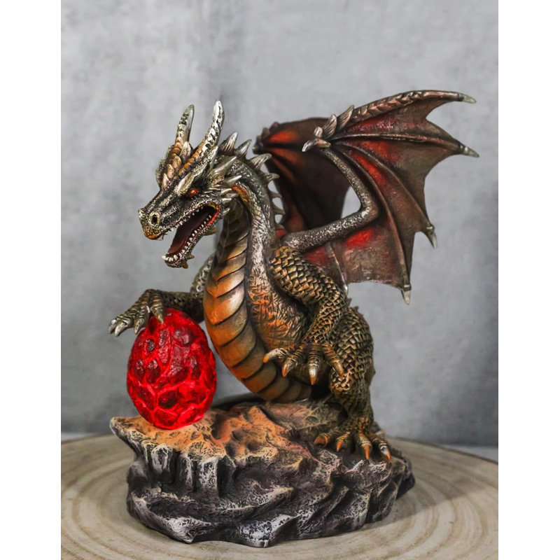 Fantasy Bronzite Fire Dragon Guarding LED Scaled Egg Decorative Figurine