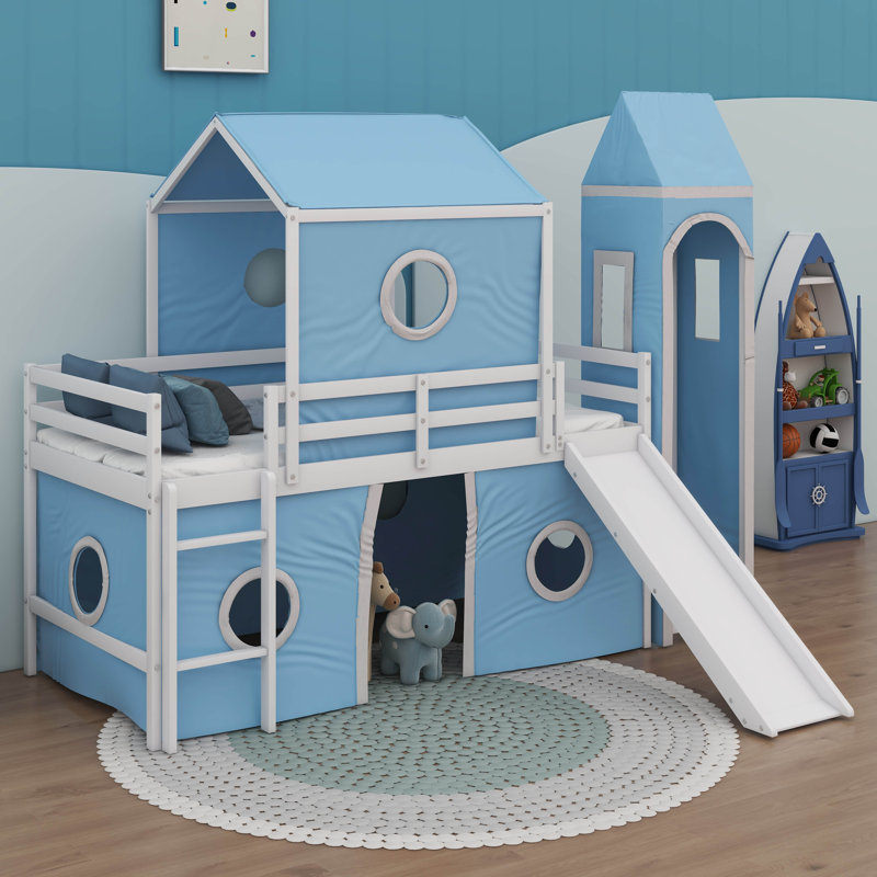 Lit mezzanine simple avec glissoire, tente et tour, Bleu