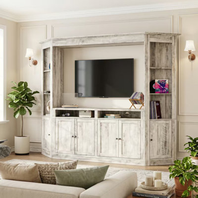 Large Storage Media Console With Open Shelves & Cabinets