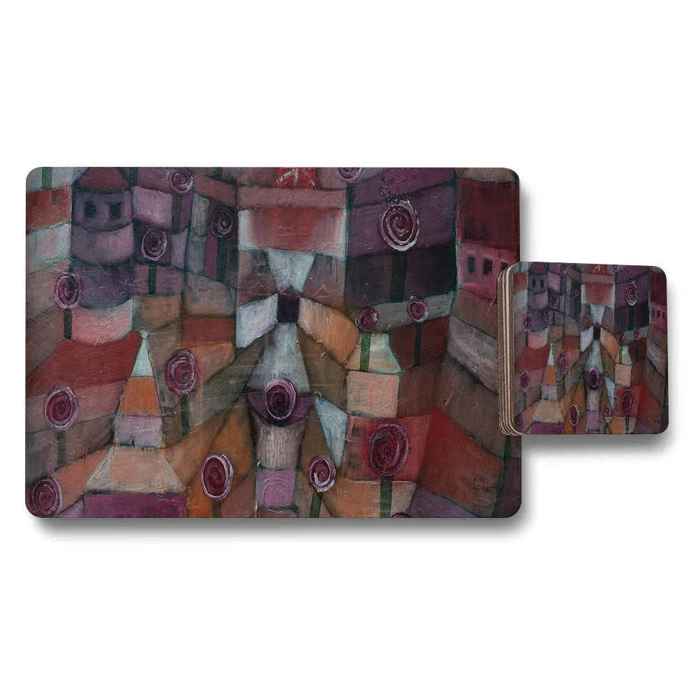 Abstract Geometric Placemat and Coaster Set in Purple Tones