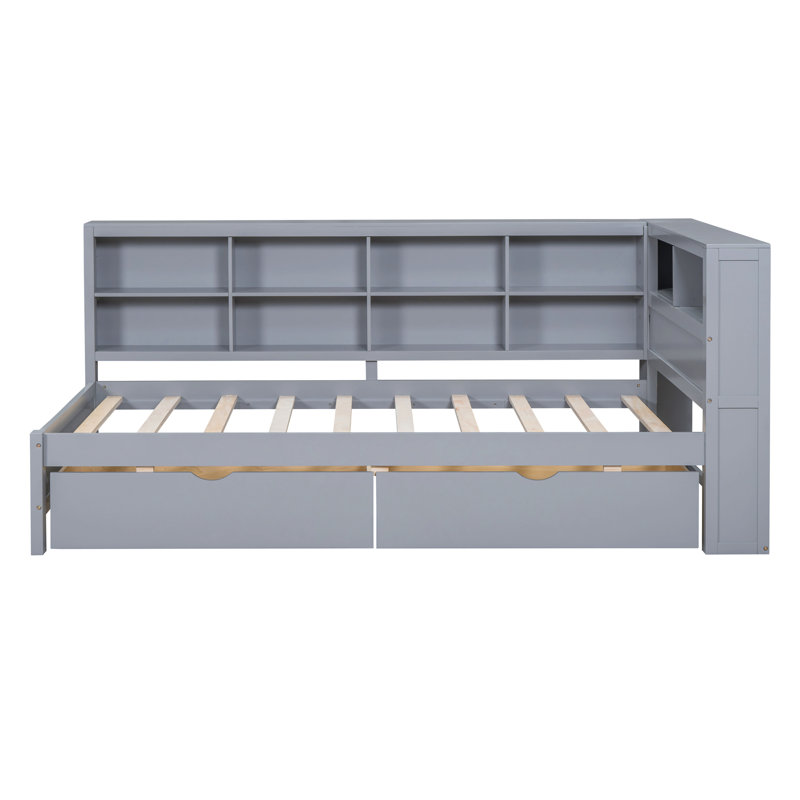 Maiocco Wooden Daybed with 2 Drawers, Storage Shelf and USB Charging Ports, Twin, Gray