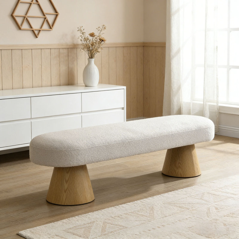Banc rembourré Boucle pour salle à manger, banc d'entrée de chambre à coucher, Beige, 64" L