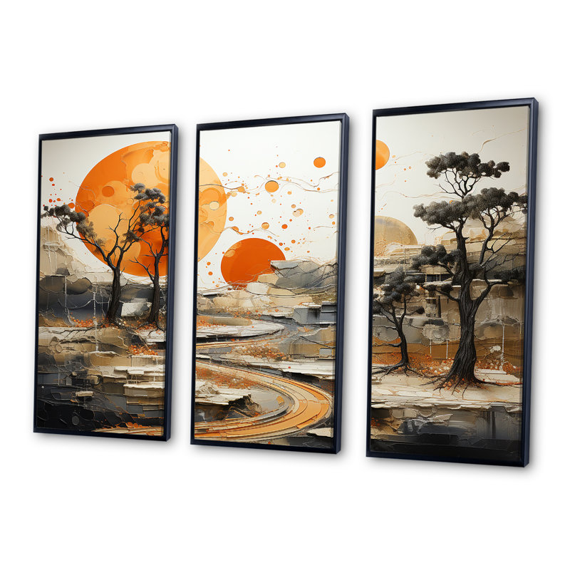 Orange Sunset Abstract Landscape Stream II - Art abstrait paysage mural, Cadre flottant noir, H 40 po x l 61 po x P 1 po