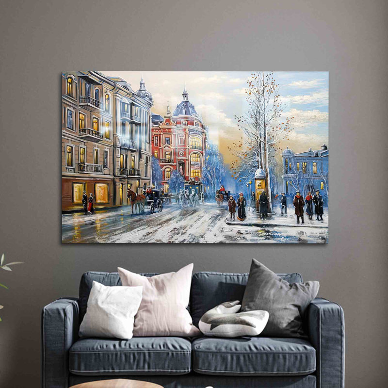 Paysage de ville d'hiver enneigé imprimé sur verre trempé pour la décoration de la maison et du bureau_Rectangle