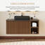 Meuble-lavabo mural brun noyer 36 po, armoire flottante moderne Mid-Century avec portes à lattes cannelées, comptoir en pierre frittée noire et vasque en céramique noire-626462343-610633025