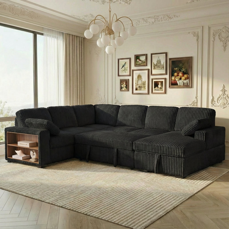 117" Corduroy U-Shaped Sleeper Sectional with Storage Chaise & Side Bookshelf, Black, Black