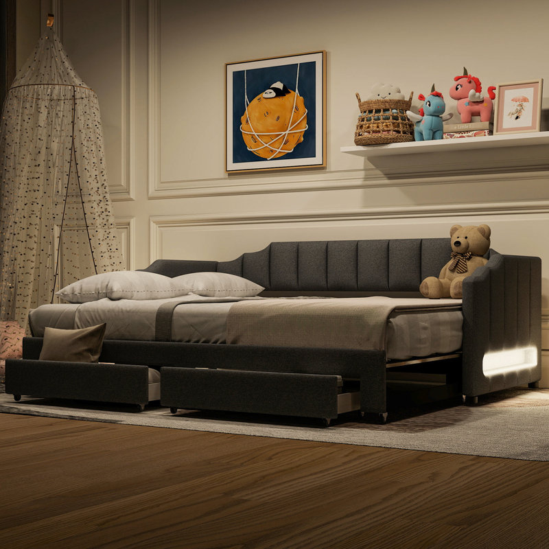 Gray Extendable Upholstered Twin Xl To King Daybed With Led And Storage Drawers, Comfort - Filled Size Design, Two Pine Wood Construction