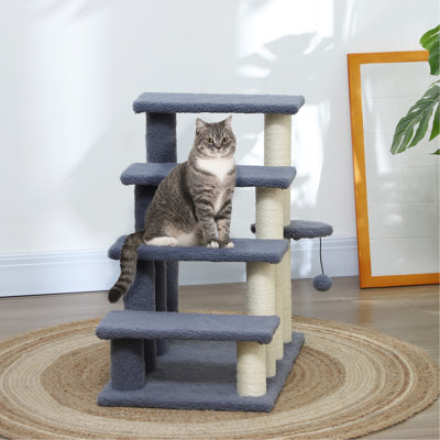 Escalier pour chat PawHut à 4 niveaux, escalier pour animal de compagnie, échelle pour chaton, grimpeur avec poteaux à griffer, ballon de jeu suspendu, marche latérale, pour lit haut, canapé, gris