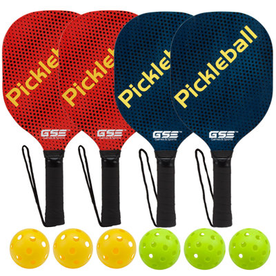GSE Games & Sports Expert GSE Pickleball Paddles Set with 4 Wooden Pickleball Rackets, 3 Indoor and 3 Outdoor Pickleball Balls & Mesh Carrying Bag
