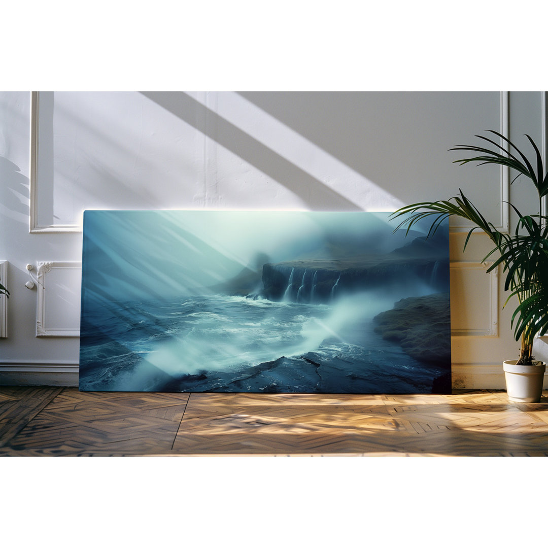 Gerahmtes Bild auf Leinwand 120x60cm Klippen Felsen Küste Wasserfälle Natur Ozean