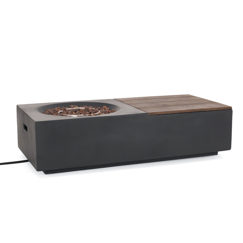 Outdoor 50,000 BTU Lightweight Concrete Rectangular Fire Pit Table with Storage, Dark Gray and Natural Brown  (Tank Cover not Included)