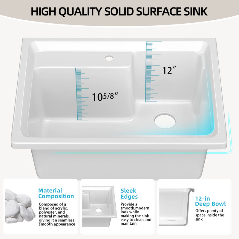 30" x 22" Soild Surface Laundry Sink Countertop With Integrated Deep Basin Utility Sink for Laundry Room Garage and Mudroom 