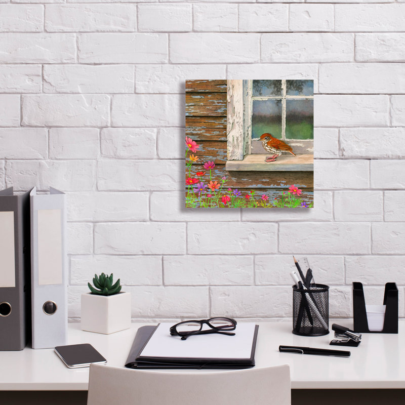  «Woodthrush At The Window» par Marvindale, art mural sur toile, 12 po x 12 po, H 12 po x l 12 po