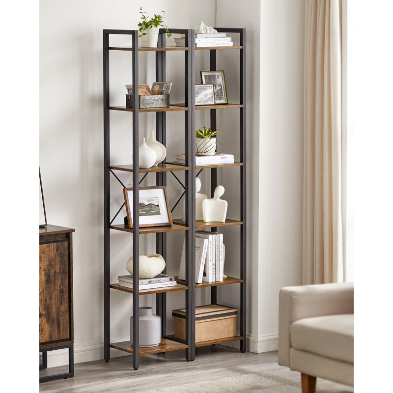 Lakesha Etagere Bookcase, Rustic Brown/Black, (6 Shelves) 187.5cm H x 40cm W x 30cm D