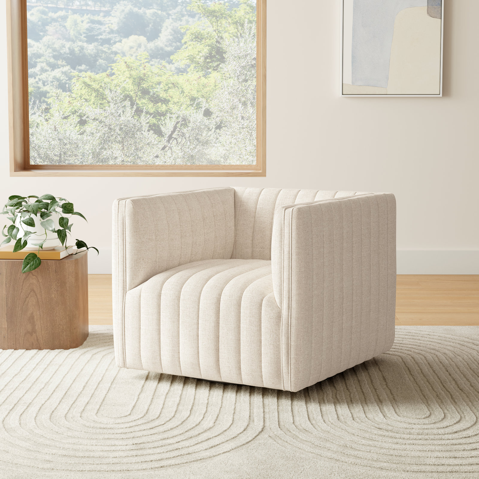 Brandt Genuine Leather Swivel Armchair, Dover Crescent White Linen Blend