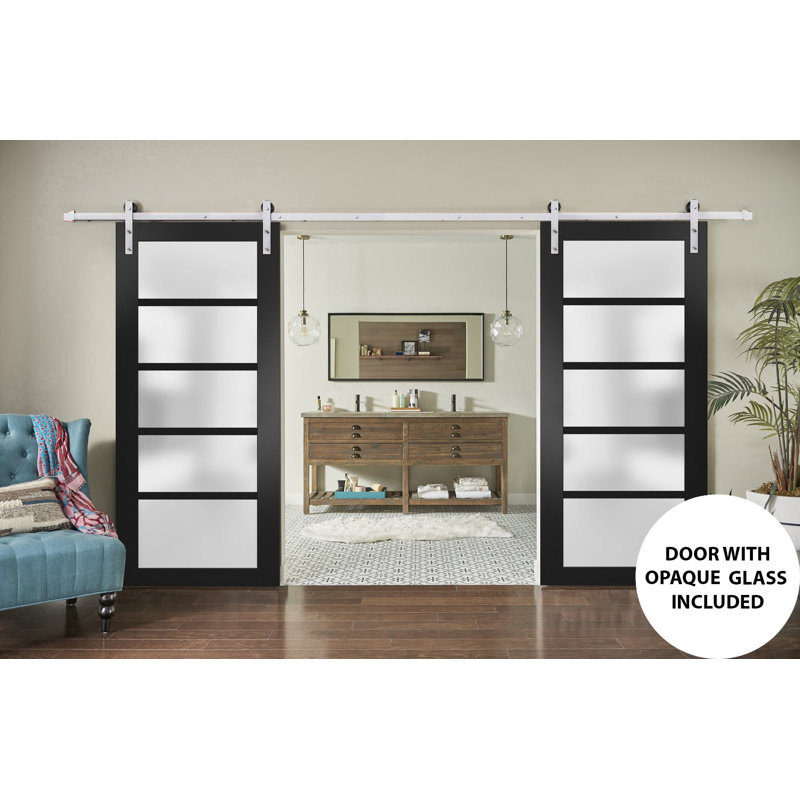 Portes de grange en verre givré Quadro avec trousse de quincaillerie d'installation, Noir, noir, noir, noir, Acier Inoxydable