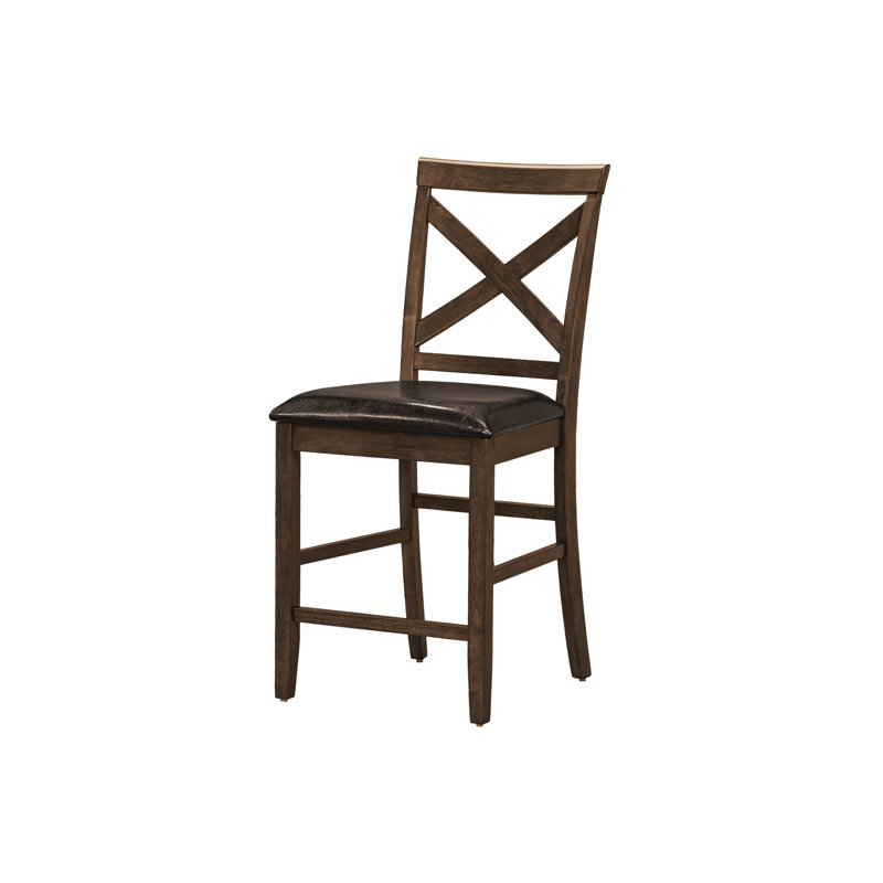 Chaise de salle à manger, hauteur, ensemble de 2, côté, rembourrée, hauteur de comptoir, salle à manger, cuisine, noyer foncé, aspect cuir brun, transitionnel