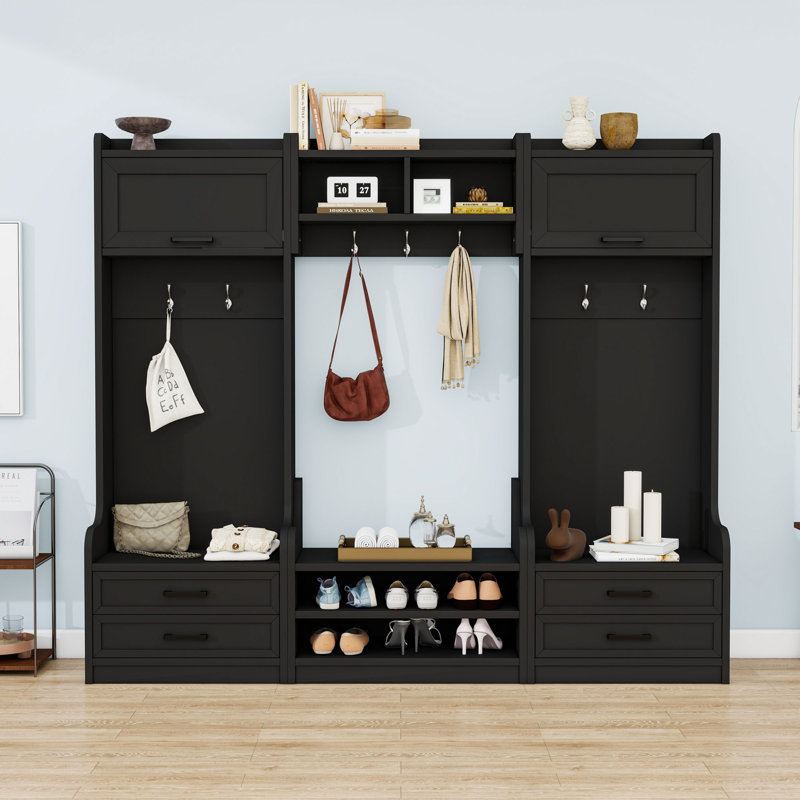 Hall Tree with Storage Cabinet, Bench, Hooks and Drawers, Black