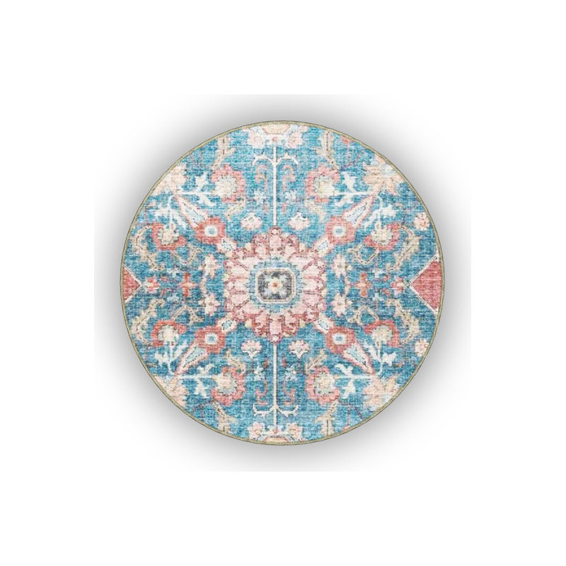 Tapis décoratif traditionnel bleu et rouge lavable à la machine, Sous-tapis rond 3 pi 3 po inclus