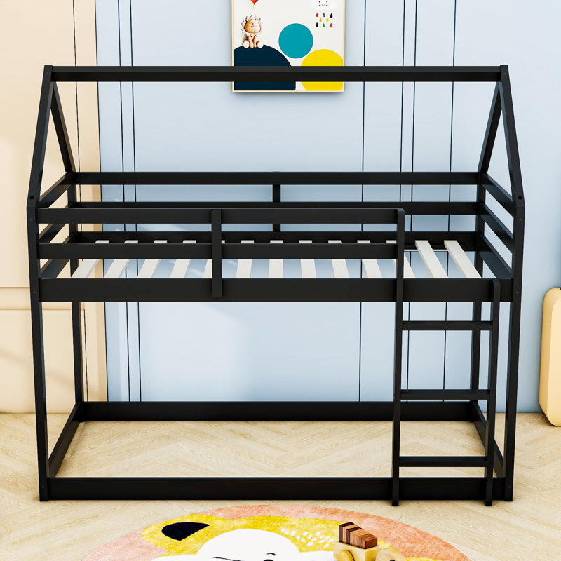 Arcelin Twin Over Twin Wood Bunk Bed With Ladder And Guardrails, Black
