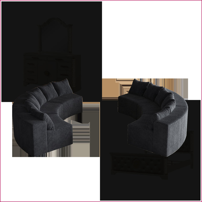 Sectional Sofa, Curved Modular 4-Piece with 8 Pillows for Living Room Bedroom Office | Corduroy | Black