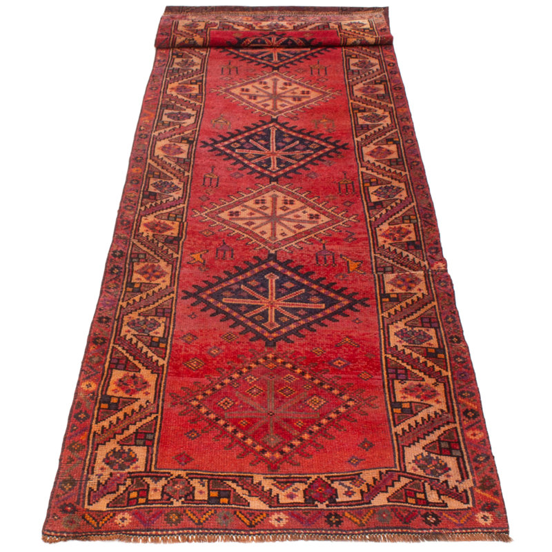 Tapis de couloir rouge unique en laine 3 pi 11 po x 14 pi 1 po Zefira