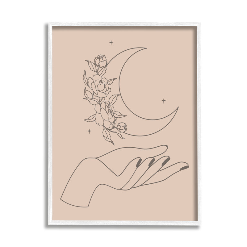 Mystical Floral Roses Moon Palm Line Drawing, Print, 16" W x 16" H, Coastal White Framed Giclee