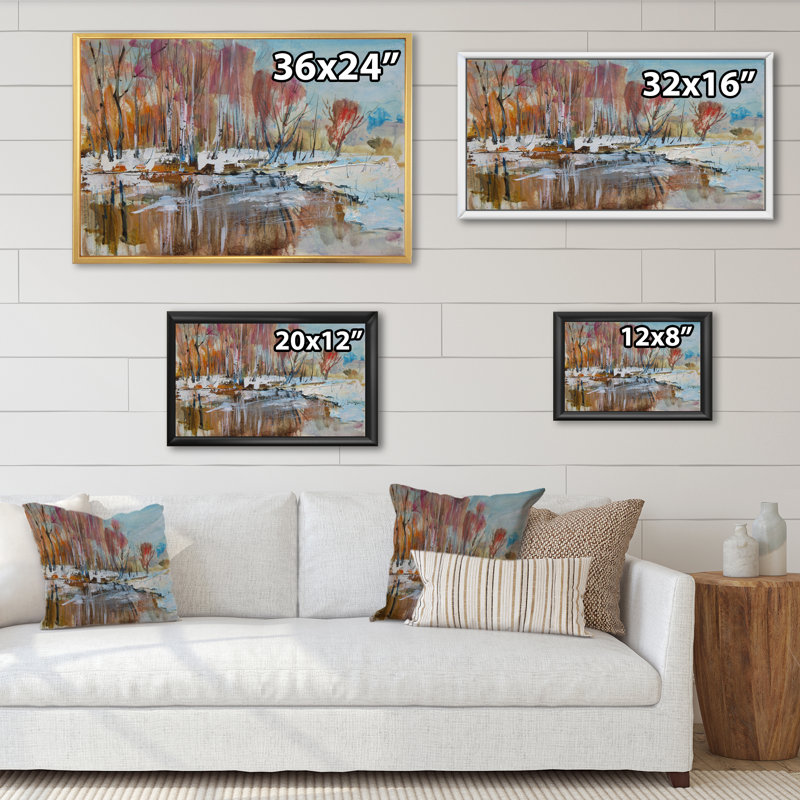 Forêt d'automne aux bouleaux III - Peinture sur toile, H 16 po x l 32 po x P 1 po, Cadre flottant noir