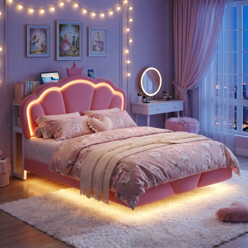 Floating Cloud Crown Velvet Bed with Headboard Storage, LED Light & Built-in Charging Outlet, Queen, Pink