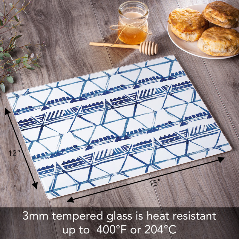 Indigo Triangles Tempered Glass Cutting Board 15" x 12"