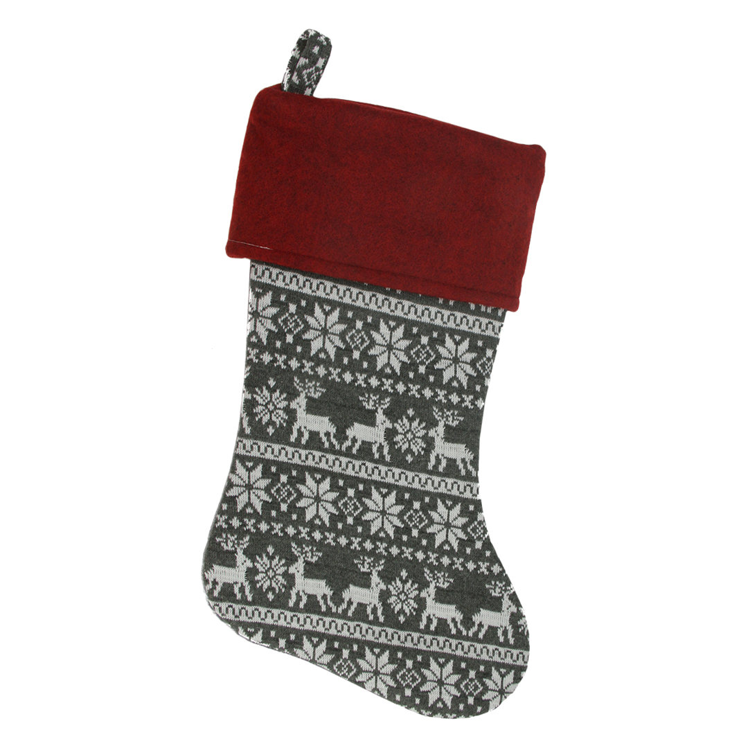 19" Festive Grey White and Red Snowflakes & Reindeer Knit Christmas Stocking Northlight Seasonal