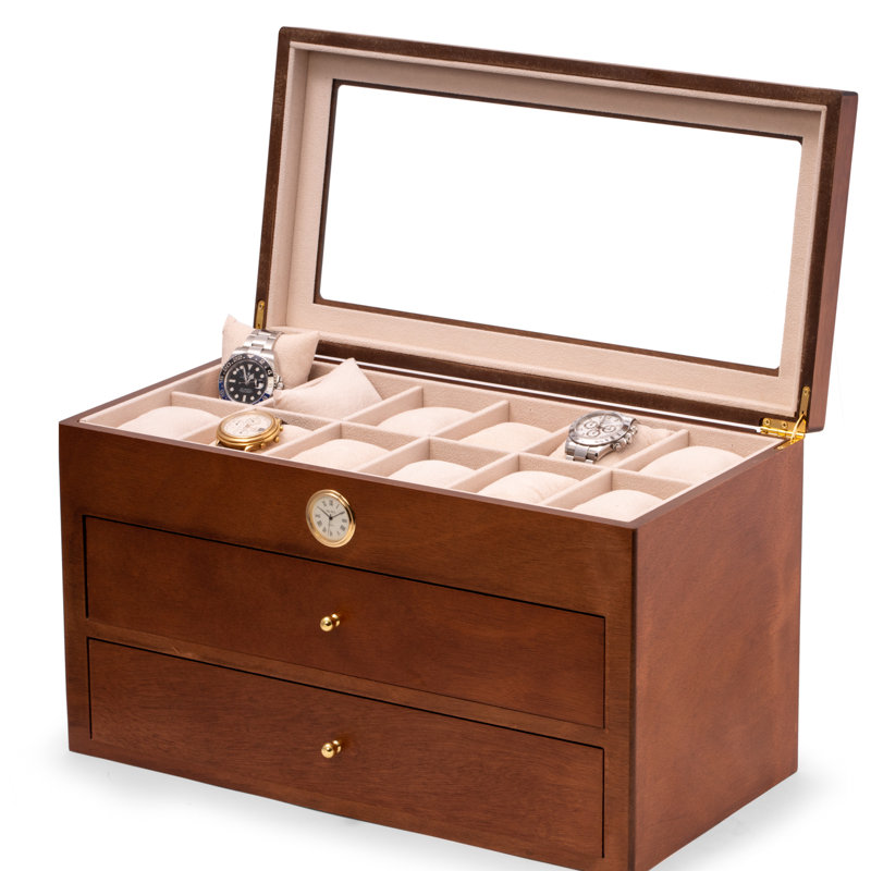 Wood Watch Box + Drawers, Brown