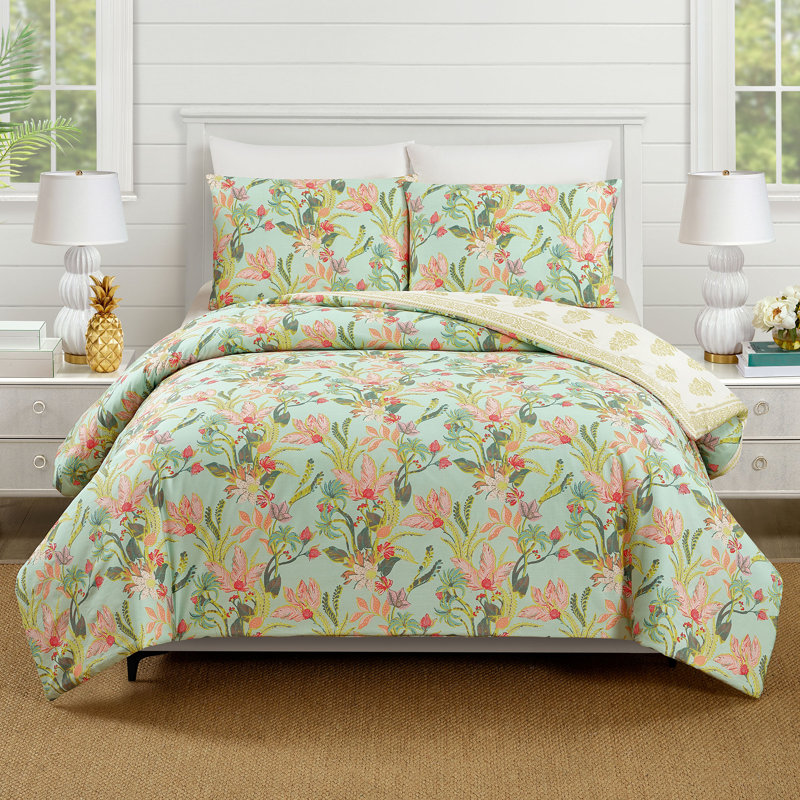 Ensemble d'édredon réversible 3 pièces Queenie Tropical, Édredon pour très grand lit + 2 taies décorativ