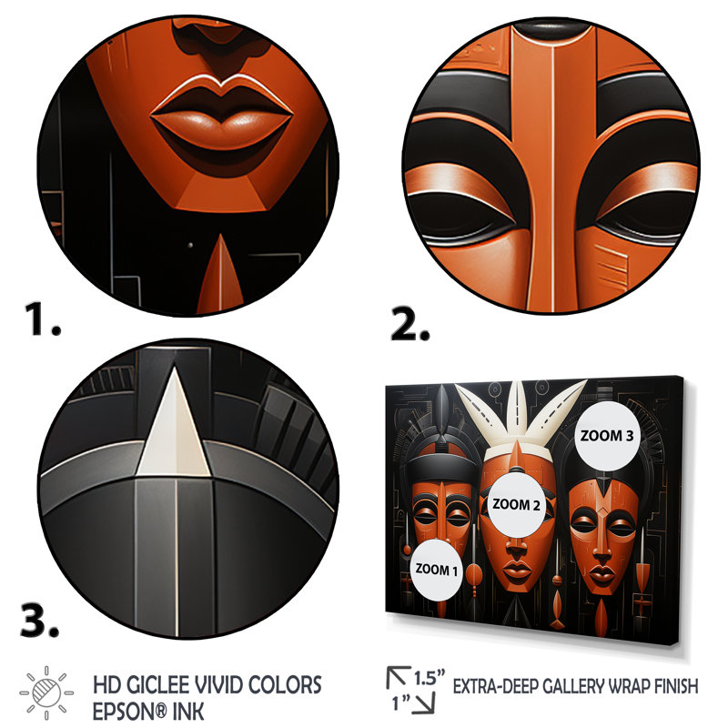 Masque africain noir et orange Kuba, Cadre doré à coins fermés, H 30 po x l 40 po x P 1,5 po