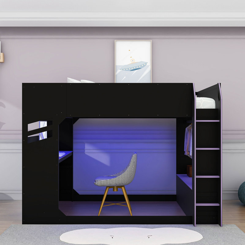 Lit mezzanine en bois avec bureau réglable, lumières RVB, tiroirs, armoire de rangement et tringle